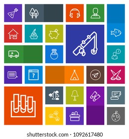 Modern, simple, colorful vector icon set with interior, electricity, research, rescue, aircraft, tent, laboratory, business, light, rod, background, flight, scene, music, outdoor, analysis, folk icons