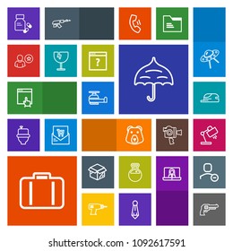 Modern, simple, colorful vector icon set with vitamin, home, protection, internet, open, tool, rain, cardboard, web, lamp, weapon, luggage, health, handgun, travel, pistol, mouse, click, bear icons