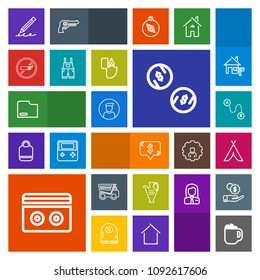 Modern, simple, colorful vector icon set with outdoor, square, drink, dump, camp, travel, audio, sound, finance, pottery, tipper, destination, map, document, vehicle, hand, cash, paper, mug, jug icons