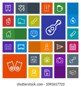 Modern, simple, colorful vector icon set with online, equipment, sport, guitar, building, music, saw, computer, screen, game, travel, summer, chessboard, shipping, underwater, internet, delivery icons