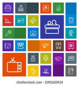 Modern, simple, colorful vector icon set with screen, security, public, food, technology, video, cargo, gun, package, song, tripod, park, tv, speaker, checklist, weapon, safety, delivery, summer icons
