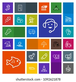 Modern, simple, colorful vector icon set with speed, seafood, van, celebration, package, event, call, travel, snack, route, tv, cardboard, delivery, center, umbrella, office, pin, chicken, map icons