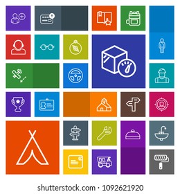 Modern, simple, colorful vector icon set with building, roll, package, direction, brush, arrow, medicine, support, outdoor, center, construction, worker, paint, builder, person, marketing, camp icons