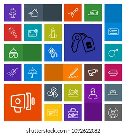 Modern, simple, colorful vector icon set with sewing, bun, tent, machine, weapon, cool, way, man, bomb, pencil, ventilator, male, hand, adventure, nuclear, loud, food, security, craft, burger icons