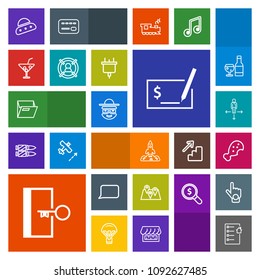Modern, simple, colorful vector icon set with road, blank, spaceship, bubble, direction, cocktail, office, contract, ufo, travel, pen, exit, talk, pay, escape, house, folder, sign, science, door icons