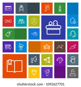 Modern, simple, colorful vector icon set with call, office, shovel, computer, flight, name, equipment, speaker, public, document, travel, click, presentation, loudspeaker, id, plane, airplane icons