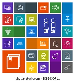 Modern, simple, colorful vector icon set with aircraft, payment, standing, bag, equipment, flight, leather, travel, handle, fashion, happy, shopping, video, file, bank, interface, call, people icons
