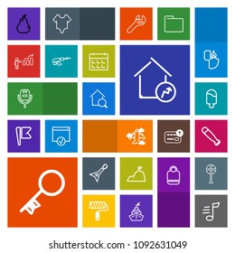 Modern, simple, colorful vector icon set with online, house, equipment, sky, fresh, blue, real, door, music, musical, estate, voice, property, airplane, bat, sound, search, nature, microphone icons