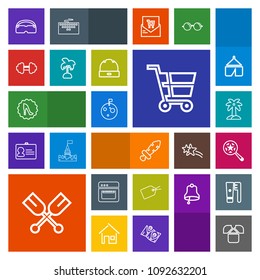 Modern, simple, colorful vector icon set with circle, sign, tshirt, search, frame, paddle, medieval, cart, planet, retail, find, cooking, space, knight, tropical, oar, equipment, oven, tag, leaf icons