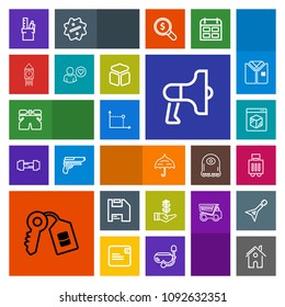 Modern, simple, colorful vector icon set with business, door, baggage, shorts, seedling, rain, computer, online, delivery, loud, loudspeaker, stationery, estate, building, house, geometry, life icons