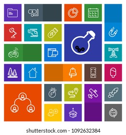 Modern, simple, colorful vector icon set with radio, business, satellite, food, alarm, dessert, communication, folder, support, car, music, structure, company, thermometer, map, cream, call, ice icons