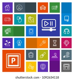 Modern, simple, colorful vector icon set with architecture, video, home, left, bag, music, estate, vehicle, technology, construction, badge, style, building, tool, world, transport, arrow, road icons