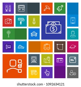 Modern, simple, colorful vector icon set with train, standing, luggage, planet, pin, office, bag, air, railway, map, cooler, fan, car, money, plan, baggage, business, airport, finance, astronomy icons