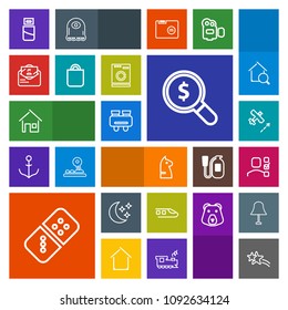 Modern, simple, colorful vector icon set with night, strategy, spy, transportation, domino, search, watch, architecture, horse, chess, game, office, cable, aircraft, glasses, railway, sky, white icons