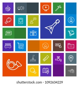 Modern, simple, colorful vector icon set with baggage, office, hammer, architecture, musical, bag, folder, computer, kit, upload, trumpet, tower, luggage, chat, speech, message, bugle, saw, sign icons