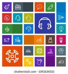 Modern, simple, colorful vector icon set with microphone, drone, helicopter, concept, technology, morning, circle, car, control, headphone, lot, , office, equipment, urban, audio, fashion, bulb icons