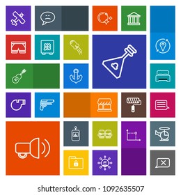 Modern, simple, colorful vector icon set with instrument, closed, curtain, aircraft, bed, sign, tv, airplane, folk, music, wear, communication, shorts, megaphone, button, concert, boat, sea icons