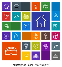Modern, simple, colorful vector icon set with bugle, financial, leather, road, object, property, chef, bag, fashion, house, estate, map, glasses, travel, style, food, uniform, rent, account, pin icons