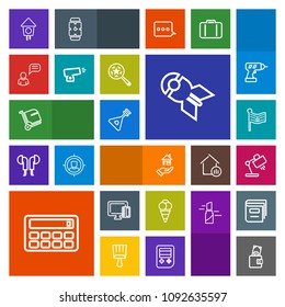 Modern, simple, colorful vector icon set with house, dollar, airport, birdhouse, wooden, calculator, shopping, rent, bomb, card, america, nation, instrument, music, weapon, payment, cream, table icons