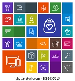 Modern, simple, colorful vector icon set with object, girl, leather, human, eye, kitchen, white, weapon, national, model, shopping, tool, dinner, spoon, handgun, card, tape, flag, zoom, cassette icons