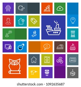 Modern, simple, colorful vector icon set with speech, war, estate, food, egypt, property, rent, bread, owl, unpacking, military, box, laundry, timer, washer, hour, cardboard, person, sand, bird icons
