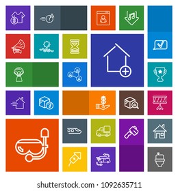 Modern, simple, colorful vector icon set with musical, price, mask, travel, new, sale, toilet, home, property, hot, life, instrument, first, lorry, cost, house, transport, apartment, sky, tree icons