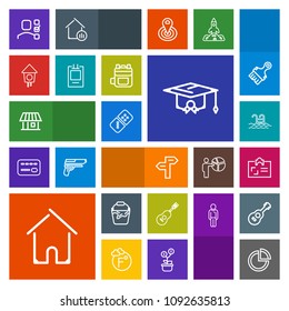 Modern, simple, colorful vector icon set with presentation, domino, graduation, way, arrow, pie, graph, personal, container, summer, building, clean, music, concert, home, architecture, id, game icons