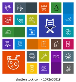 Modern, simple, colorful vector icon set with online, summer, internet, furniture, wizard, magic, cupboard, wand, hat, thermometer, magician, armchair, box, delivery, cocktail, interior, fashion icons