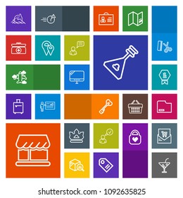Modern, simple, colorful vector icon set with place, achievement, glass, animal, music, internet, complete, drink, summer, door, airplane, paper, cocktail, online, dolphin, curtain, house, key icons