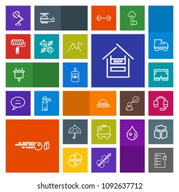 Modern, simple, colorful vector icon set with ball, bag, plug, headset, control, microphone, open, travel, real, electric, television, morning, house, white, sunrise, template, rain, electricity icons