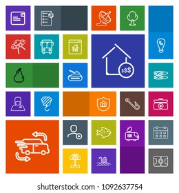 Modern, simple, colorful vector icon set with estate, tank, dollar, food, football, seafood, gun, army, war, wallet, real, pitch, delivery, money, kit, web, delete, transportation, property, aid icons