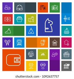 Modern, simple, colorful vector icon set with lunch, banking, money, property, adventure, electricity, bicycle, food, bread, movie, new, camera, horse, chessboard, tent, chess, web, tripod, bank icons
