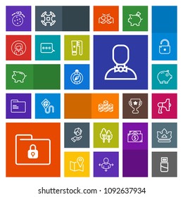 Modern, simple, colorful vector icon set with computer, environment, investment, shipping, megaphone, north, storehouse, space, security, box, file, money, bank, cash, cargo, landscape, tree icons