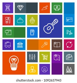 Modern, simple, colorful vector icon set with equipment, hairdresser, mail, hair, spanner, message, environment, musical, retail, electric, time, tree, trolley, forest, nature, music, phone icons