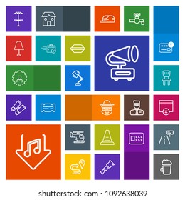 Modern, simple, colorful vector icon set with character, pub, sound, electricity, internet, account, chair, page, online, step, up, ladder, record, comfortable, table, business, air, music, lamp icons