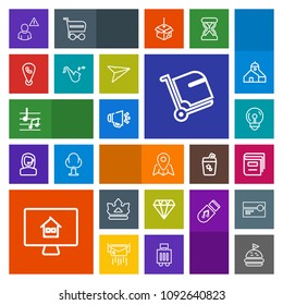Modern, simple, colorful vector icon set with book, light, baggage, estate, tomato, bulb, education, loudspeaker, profile, musical, bag, pin, jewelry, airport, king, electric, mobile, phone, map icons