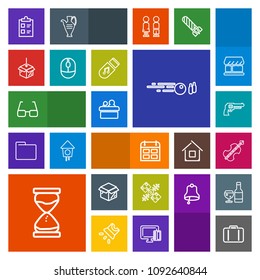 Modern, simple, colorful vector icon set with meeting, eye, hit, luggage, baggage, calendar, list, cardboard, space, ball, pistol, tick, package, hobby, box, day, mark, revolver, hour, unpacking icons