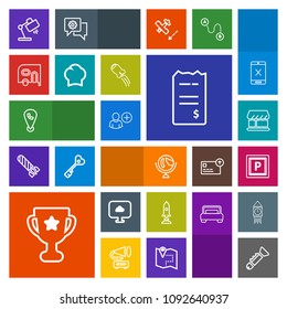 Modern, simple, colorful vector icon set with first, table, lamp, street, winner, car, home, jazz, money, road, finance, van, phone, place, add, location, space, paper, bugle, achievement, sign icons