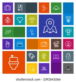 Modern, simple, colorful vector icon set with camera, baggage, restroom, bathroom, bank, fashion, vintage, lock, label, movie, luggage, map, sale, cash, wc, key, old, pin, hanger, location, bag icons