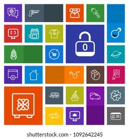 Modern, simple, colorful vector icon set with lantern, unlock, trumpet, lock, open, identity, safety, kerosene, bugle, shop, chat, cart, safe, id, transport, , technology, mobile, musical, metal icons