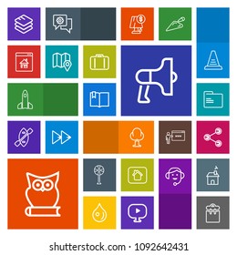 Modern, simple, colorful vector icon set with click, announcement, launch, folder, house, air, speaker, blank, pretty, sign, owl, people, business, rocket, share, office, bird, ventilator, loud icons