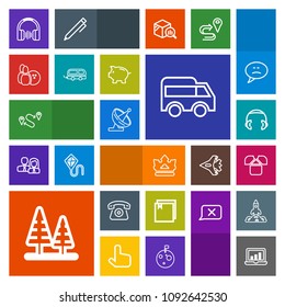 Modern, simple, colorful vector icon set with bus, music, shirt, travel, king, equipment, point, web, tree, file, home, headphone, antenna, queen, bowling, chart, destination, highway, position icons