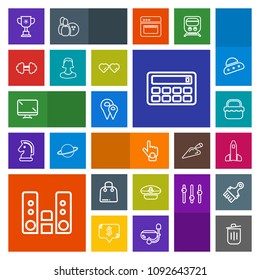 Modern, simple, colorful vector icon set with captain, retail, science, calculator, music, park, can, rocket, shuttle, digital, garbage, hat, sailor, victory, player, monitor, sign, hand, button icons