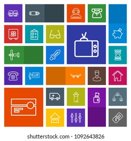 Modern, simple, colorful vector icon set with audio, cassette, car, building, time, glove, hour, technology, skate, timer, architecture, house, skateboard, boxing, fight, medical, stereo, domino icons