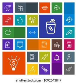 Modern, simple, colorful vector icon set with cash, fitness, clock, money, tool, checklist, container, music, juice, accounting, sand, hour, human, metal, tin, account, axe, concept, guitar, job icons