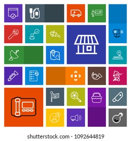 Modern, simple, colorful vector icon set with web, spanner, cooking, medicine, bbq, antenna, technology, america, search, grill, magnifying, map, travel, meat, page, flag, business, road, repair icons
