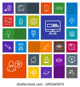 Modern, simple, colorful vector icon set with landscape, aircraft, scenery, pin, brush, airplane, display, unlock, business, open, house, photography, paint, investment, building, interior, lamp icons