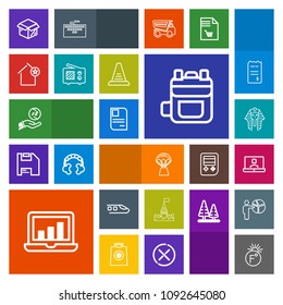 Modern, simple, colorful vector icon set with backpack, air, dollar, chart, modern, temperature, money, screen, unpacking, business, hot, communication, leather, rucksack, cardboard, tower, new icons