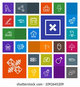 Modern, simple, colorful vector icon set with communication, space, birdhouse, ironing, protection, bird, winner, write, clothes, sign, domestic, satellite, bullet, fashion, construction, white icons
