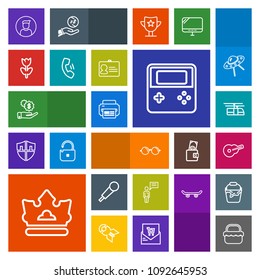 Modern, simple, colorful vector icon set with royal, crown, eye, internet, button, food, karaoke, music, eyesight, investment, white, web, blossom, person, printer, chat, male, finance, arrow icons